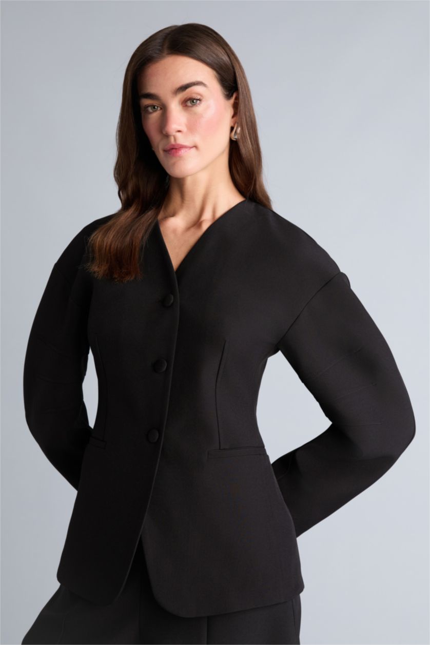 WOMAN Black Slim Fit V-Neck Crepe Blazer