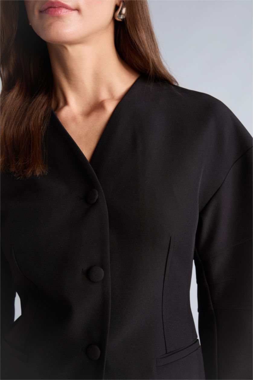 WOMAN Black Slim Fit V-Neck Crepe Blazer