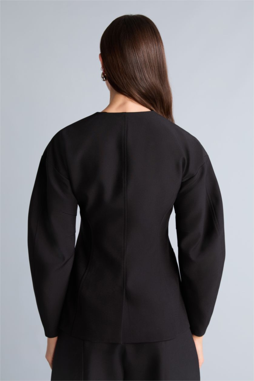 WOMAN Black Slim Fit V-Neck Crepe Blazer