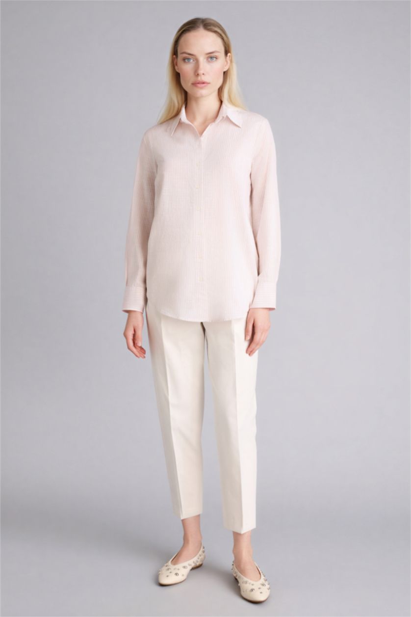 WOMAN Beige Regular Fit Shirt Collar Long Sleeve Tunic