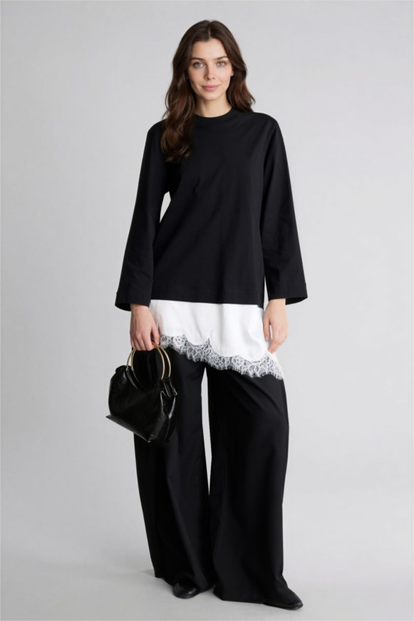 Kadın Siyah Regular Fıt Dantel Detaylı Tunik