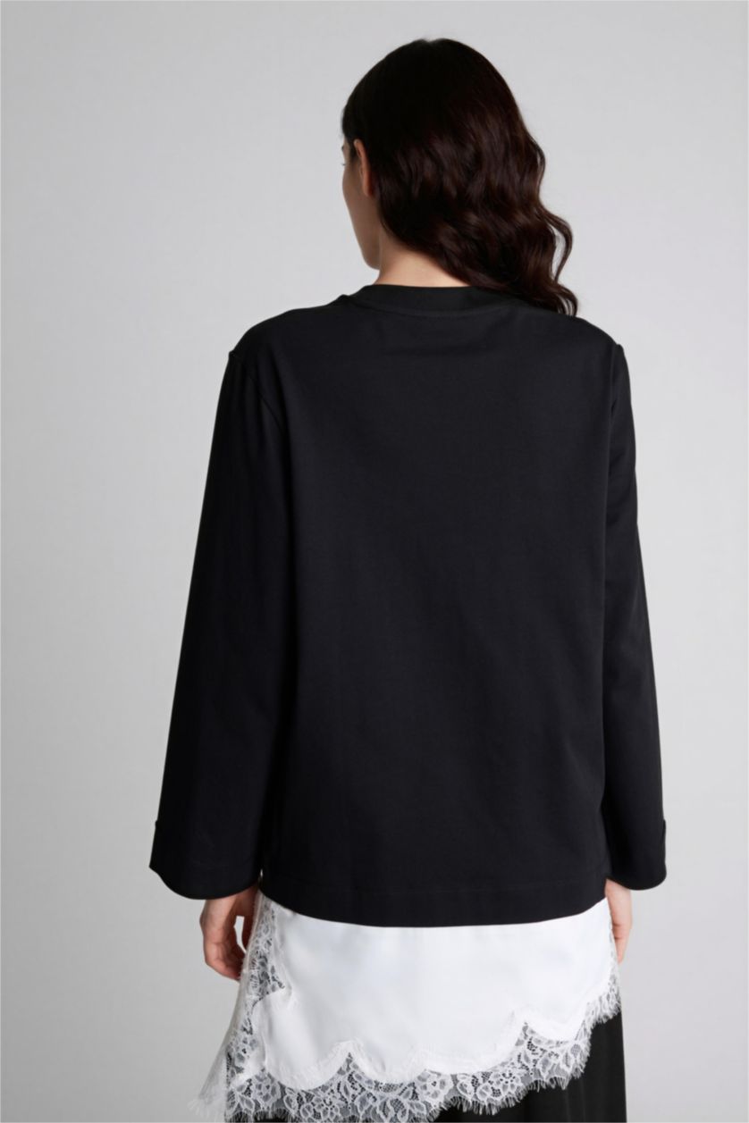 نساء أسود تونيكة نص كم قصة عادية بياقة مستديرة