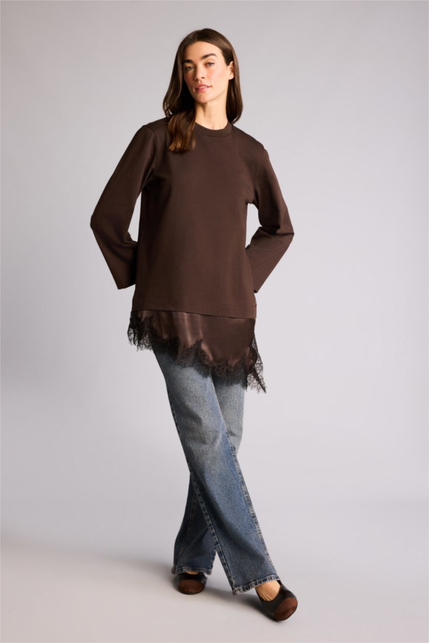 Kadın Kahve Regular Fıt Bisiklet Yaka Kısa Kollu Tunik