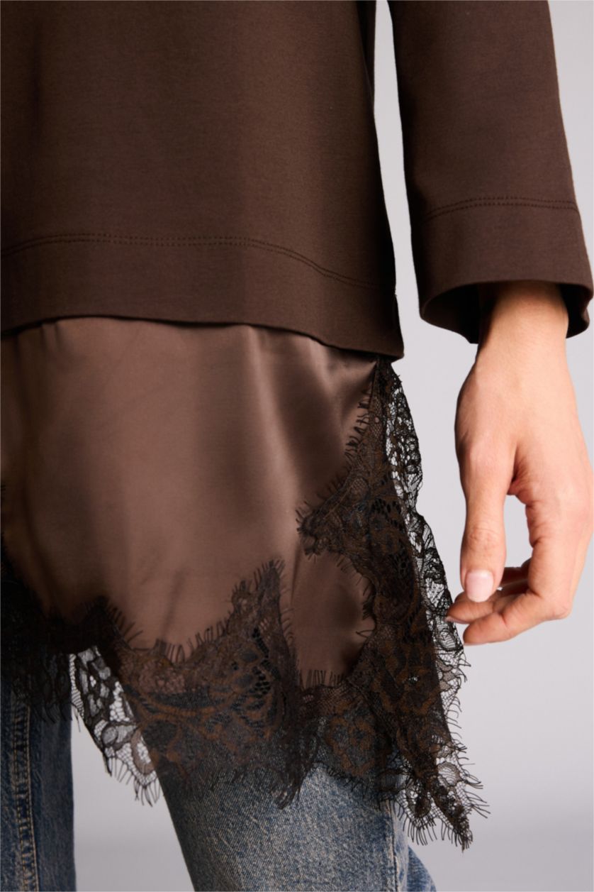 Kadın Kahve Regular Fıt Bisiklet Yaka Kısa Kollu Tunik