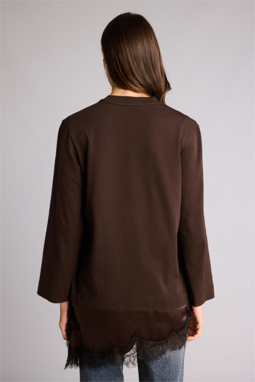 Kadın Kahve Regular Fıt Bisiklet Yaka Kısa Kollu Tunik