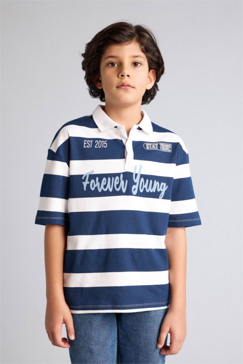 Erkek Çocuk - Genç Erkek Lacivert Çizgili Oversıze Polo Tişört Erkek Çocuk