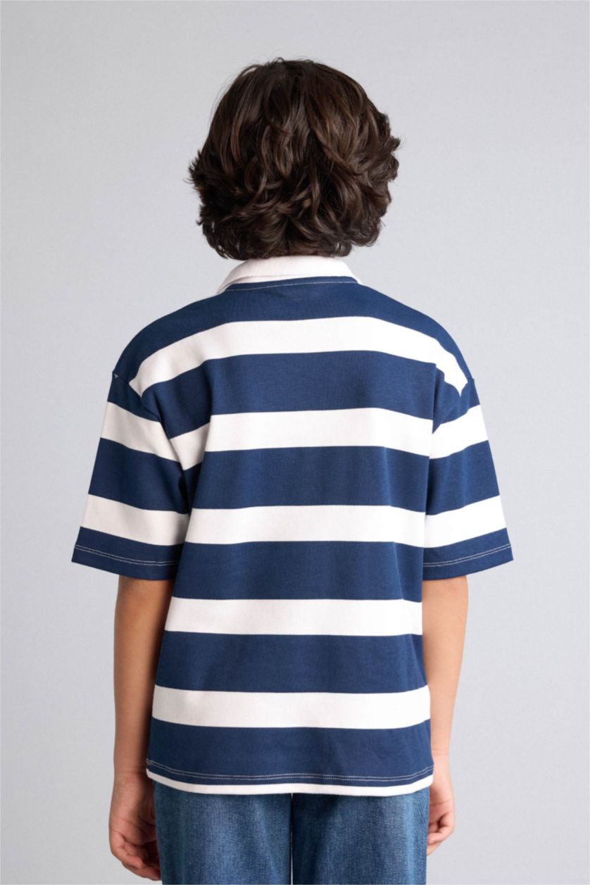 Erkek Çocuk - Genç Erkek Lacivert Çizgili Oversıze Polo Tişört Erkek Çocuk