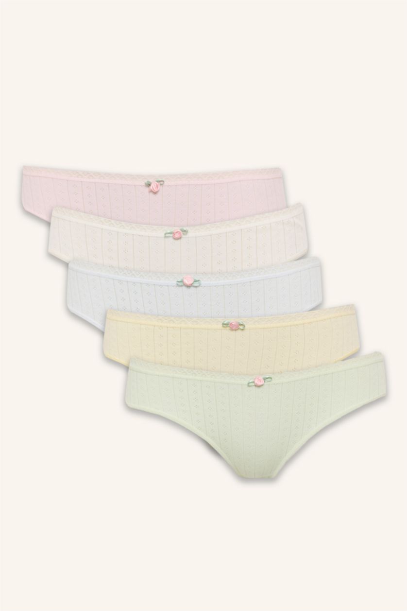 Woman Light Yellow Lace Detail 5 Piece Panties