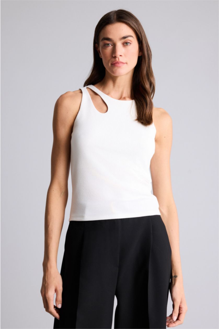 FEMME Écru Débardeur côtelé à col rond Coupe slim