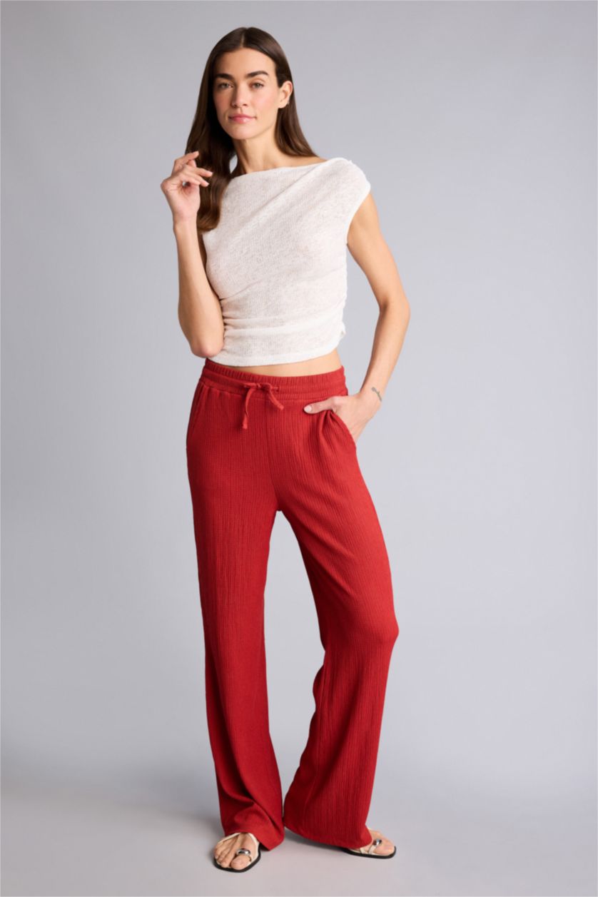 نساء أحمر بنطرون القماش المنسوج وايد ليج