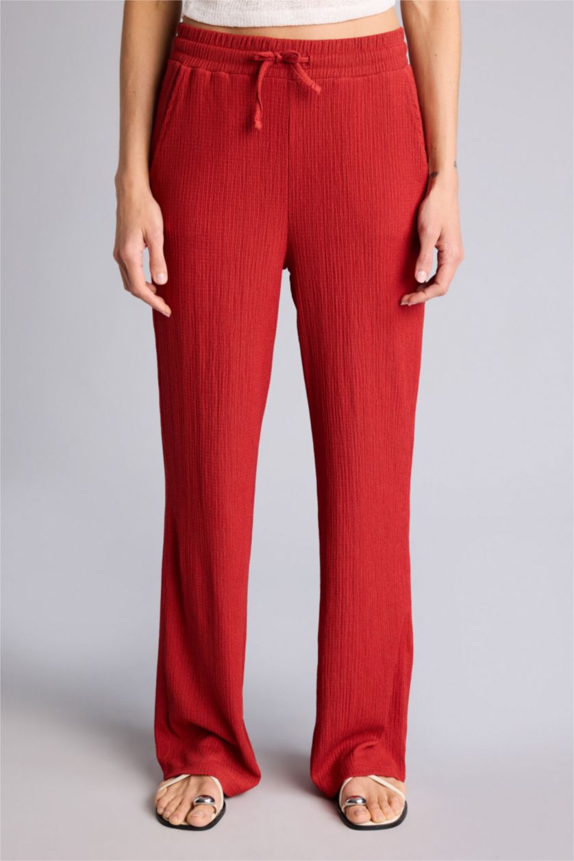 نساء أحمر بنطرون القماش المنسوج وايد ليج