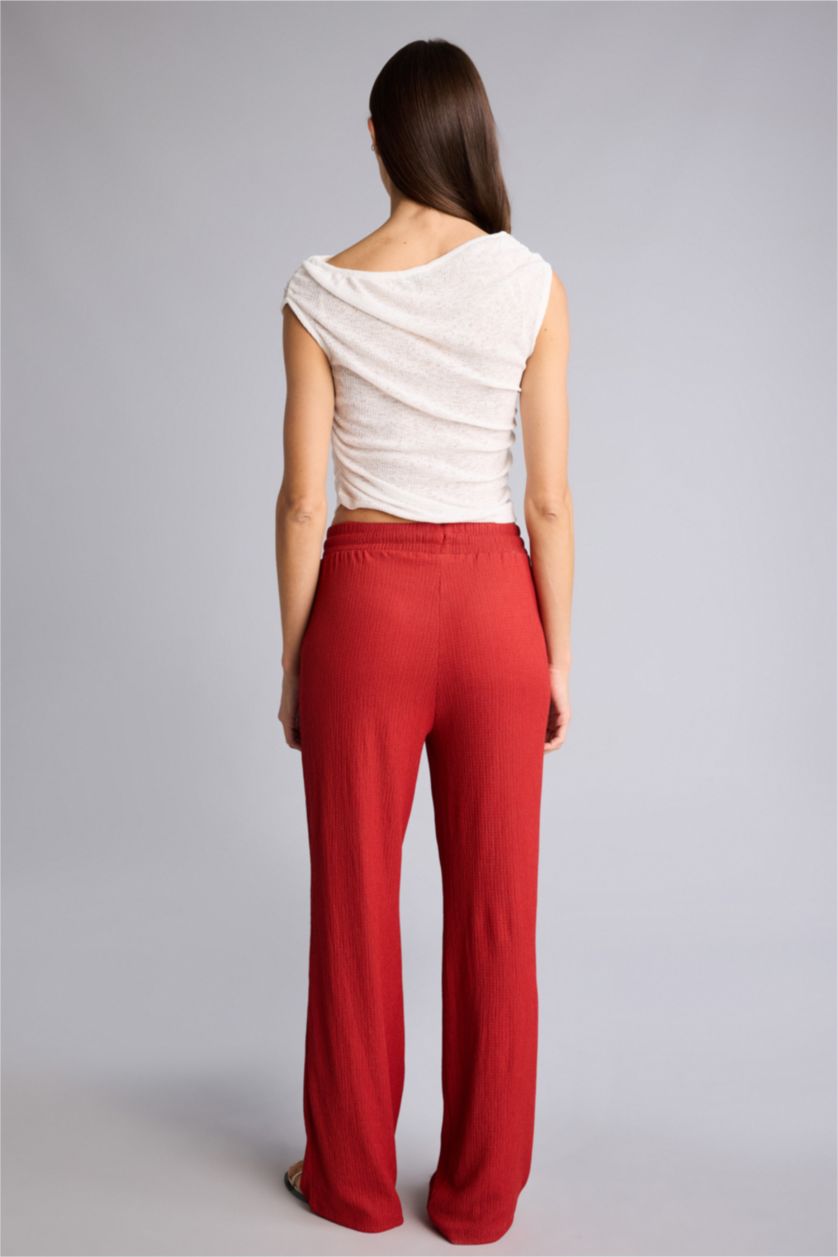 نساء أحمر بنطرون القماش المنسوج وايد ليج