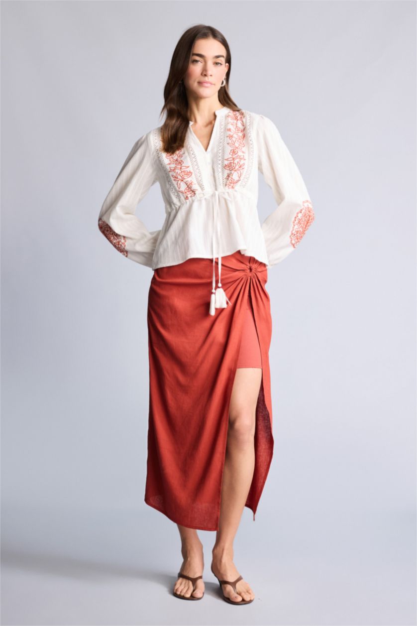 Женщины Темно-оранжевый Льняная юбка миди с нормальной посадкой