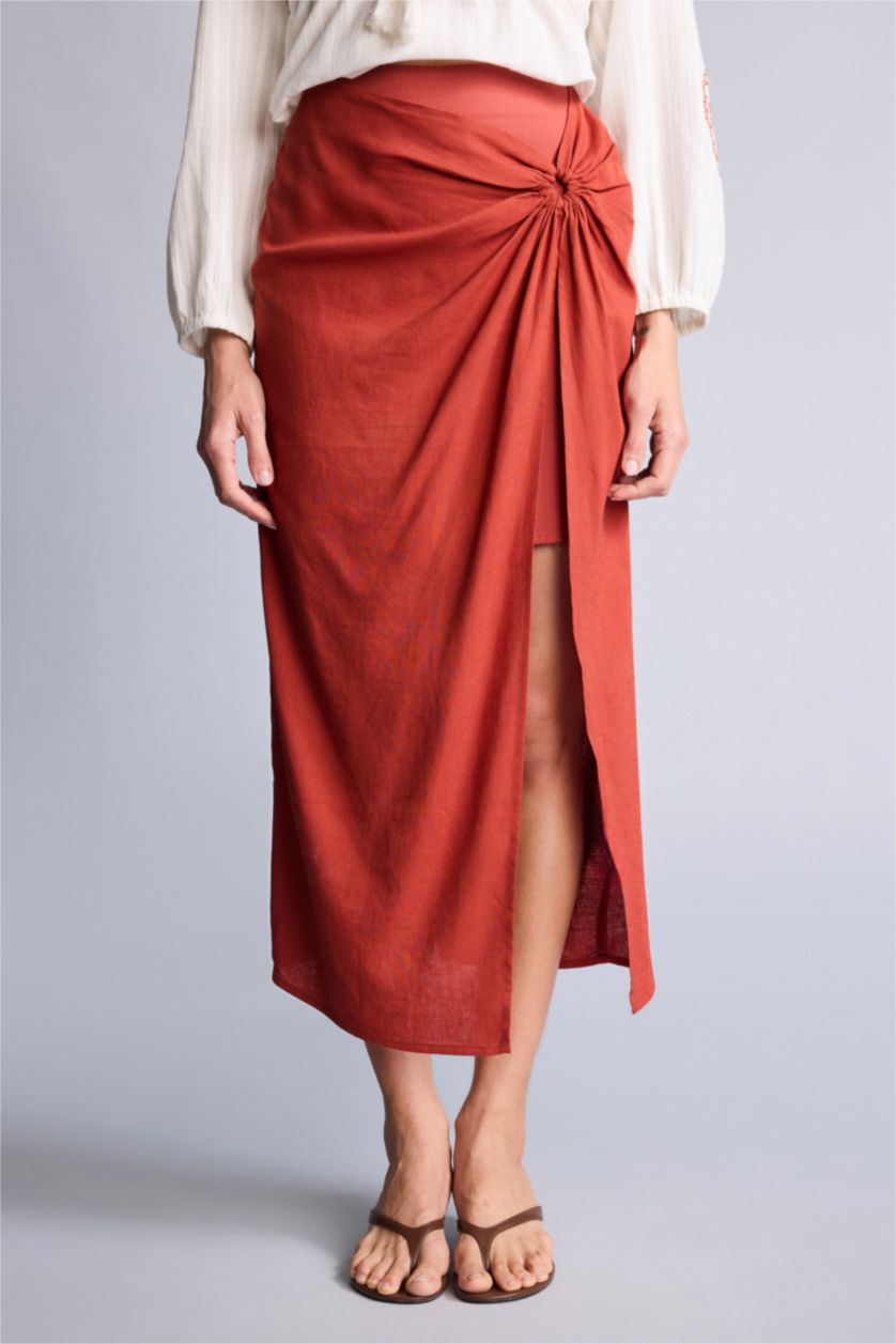 Женщины Темно-оранжевый Льняная юбка миди с нормальной посадкой