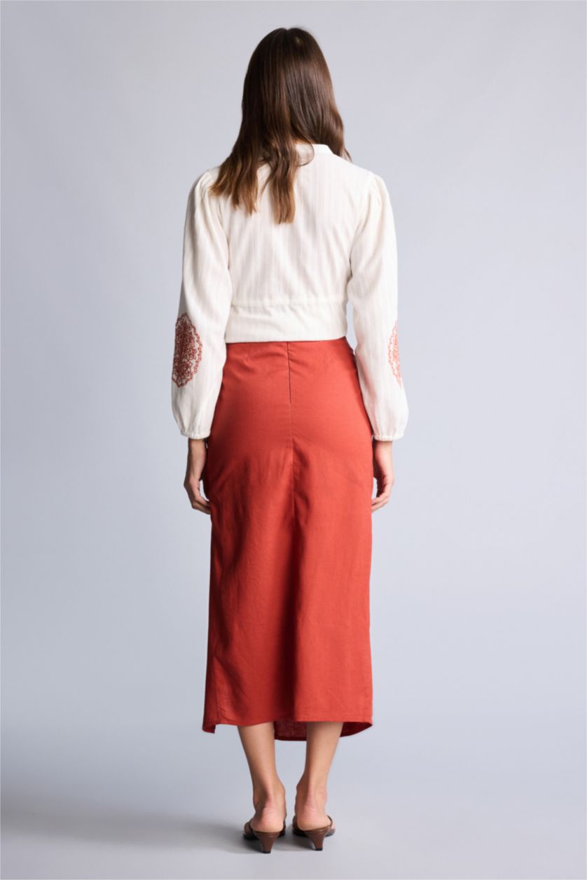 Женщины Темно-оранжевый Льняная юбка миди с нормальной посадкой