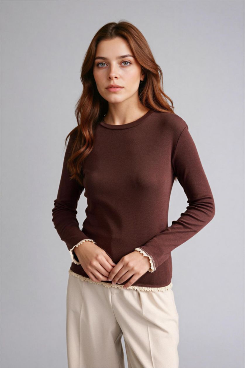 Kadın Kahve %100 Pamuk Slım Fıt Tişört Tunik