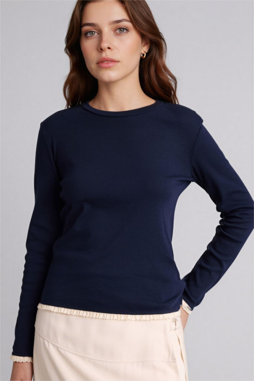 WOMAN NAVY Slim Fit Long Sleeve Blouse