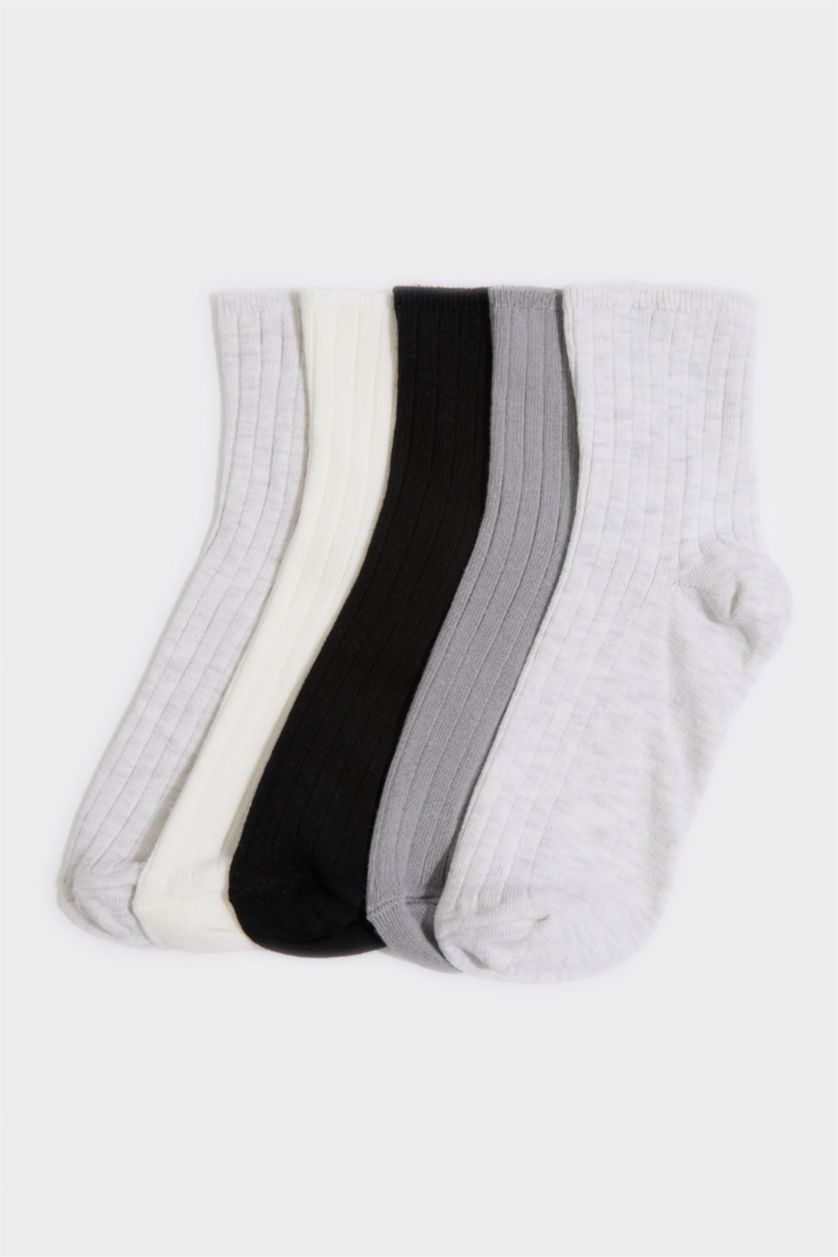 Kadın Gri Melanj Kadın Rahat Lastikli 5'li Pamuklu Soket Çorap