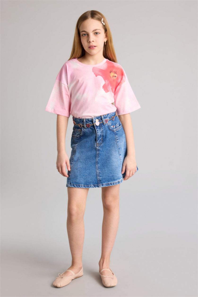 Kız Çocuk - Genç Kız Pembe Oversıze Çiçekli Tişört Kız Çocuk