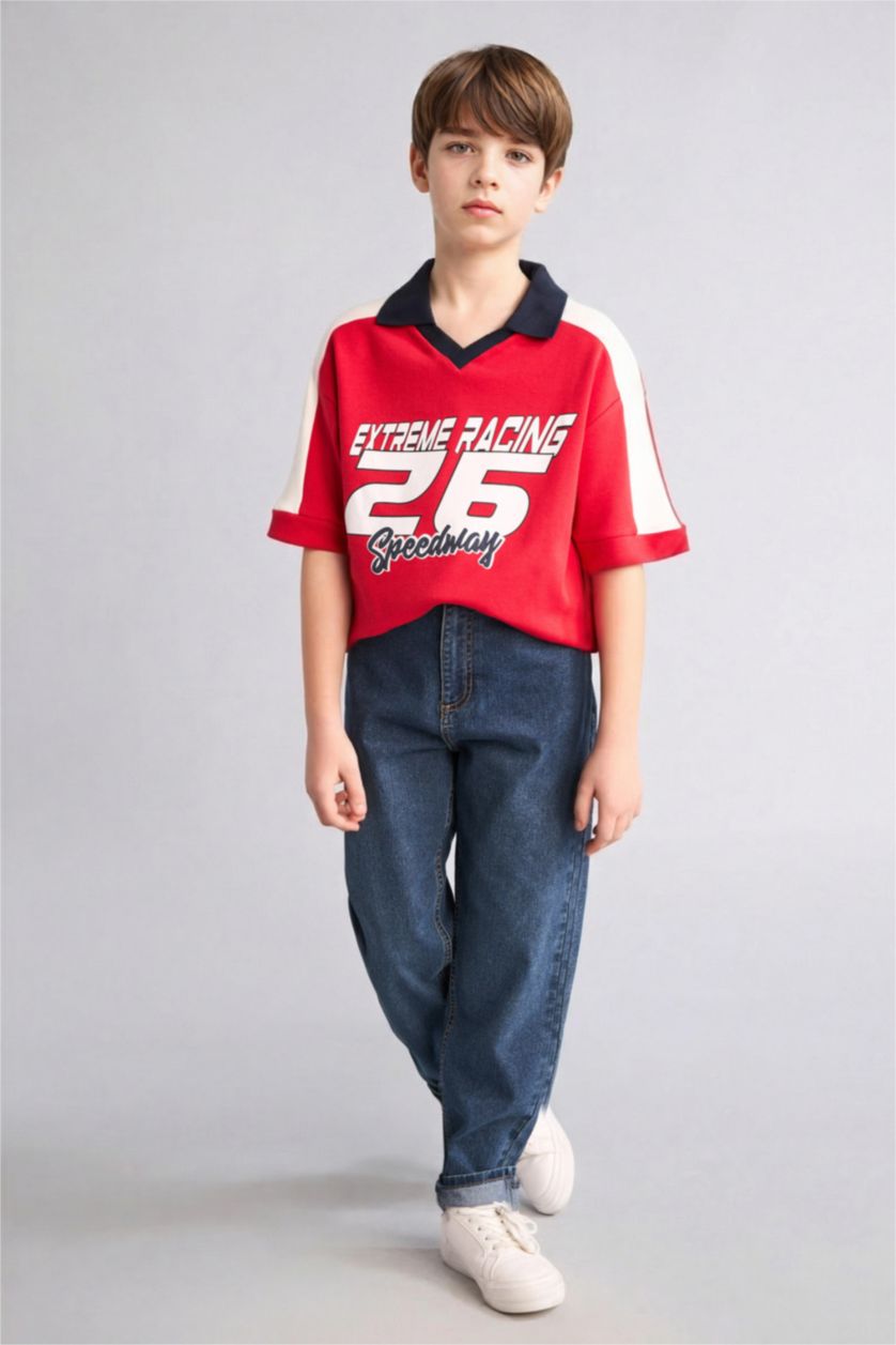 Erkek Çocuk - Genç Erkek Kırmızı Oversize Kısa kollu Polo Tişört Erkek Çocuk