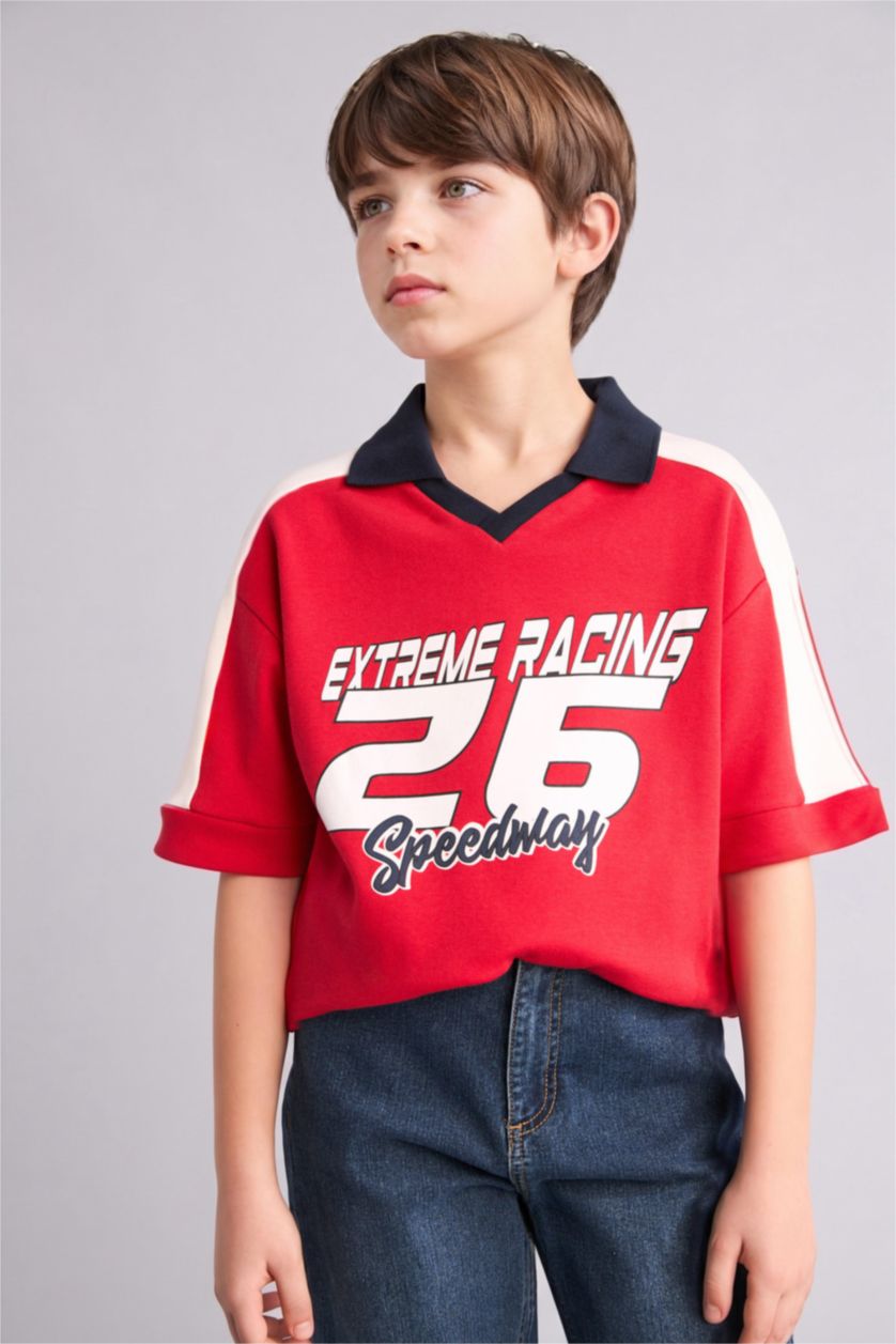 Erkek Çocuk - Genç Erkek Kırmızı Oversize Kısa kollu Polo Tişört Erkek Çocuk