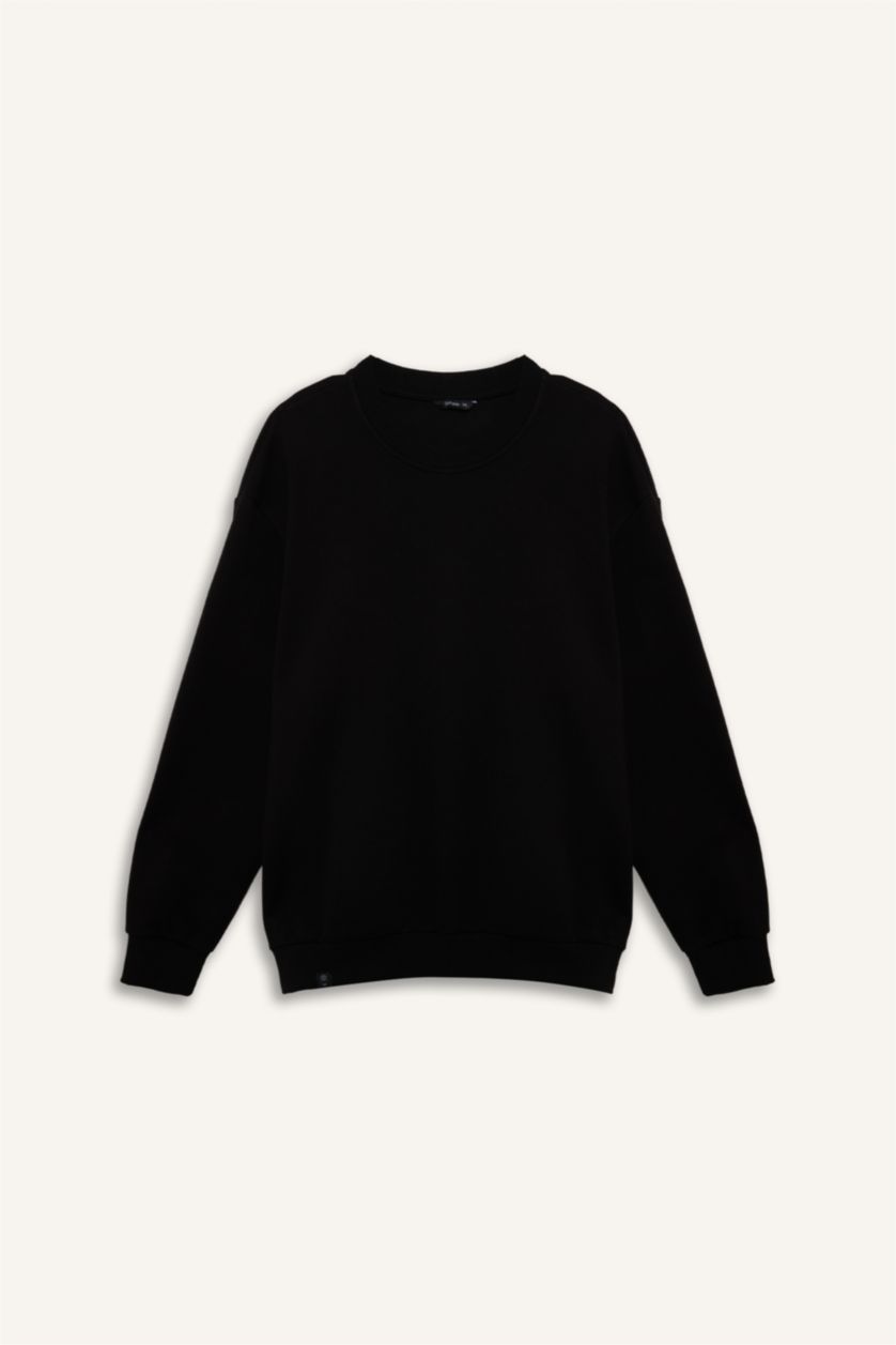 Erkek Siyah Boxy Fıt Bisiklet Yaka Pike Sweatshirt