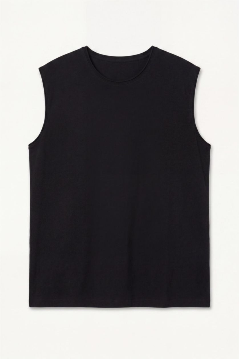 Man Black Boxy Fit Crew Neck Sleeveless Tank Top