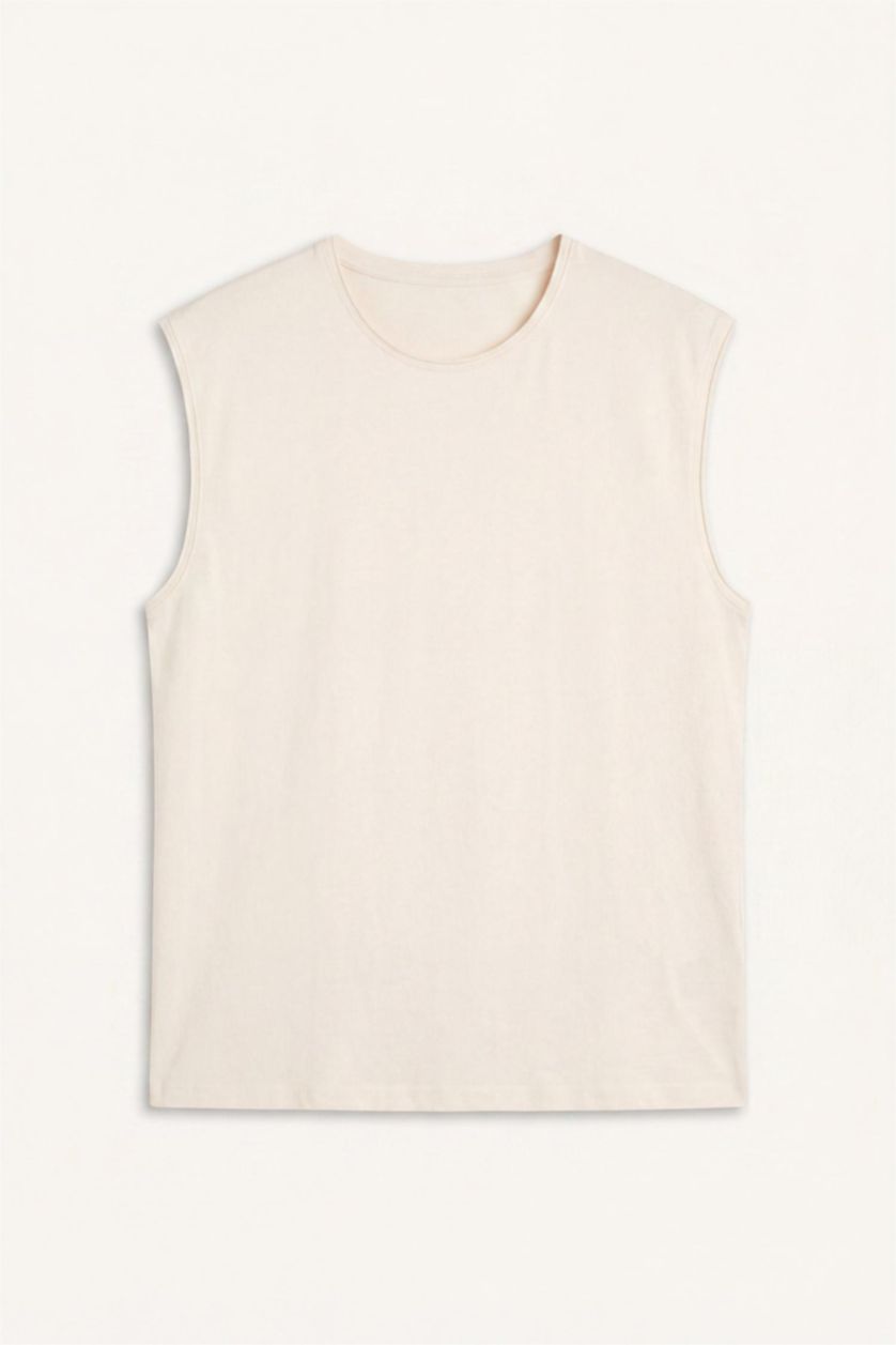 MAN Ecru Boxy Fit Crew Neck Sleeveless Tank Top