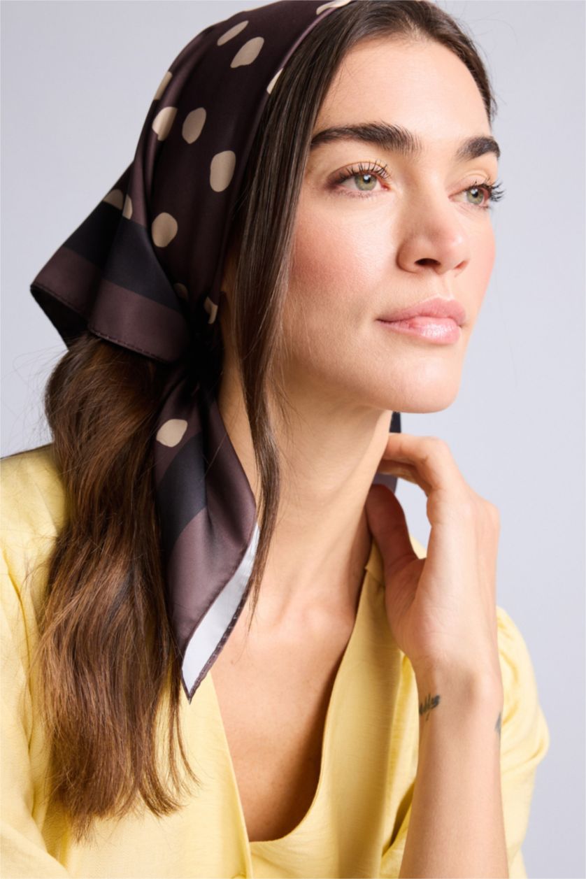 Kadın Kahve Kadın Puantiyeli Saten Fular