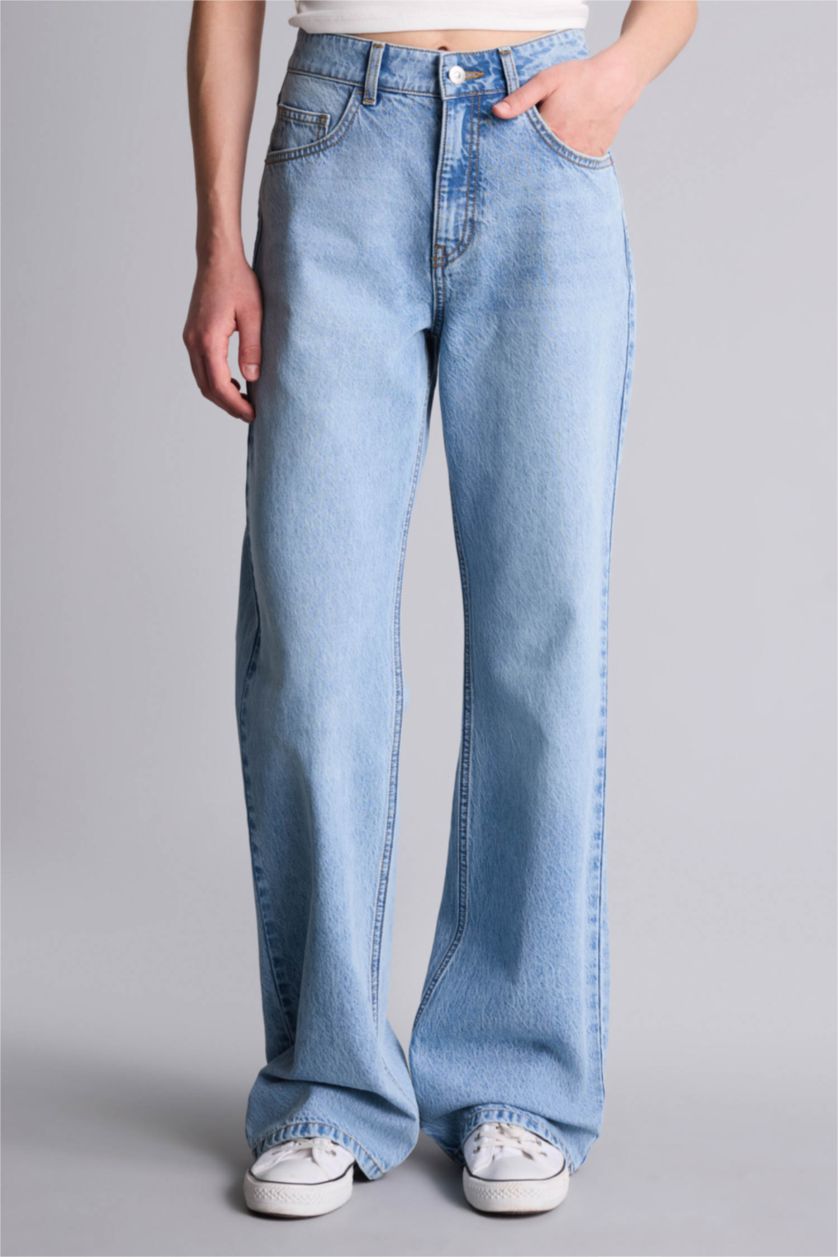 Kadın Açık Mavi Straıght Wıde Yüksek Bel Geniş Paça Uzun Jean Kar Yıkamalı Pantolon