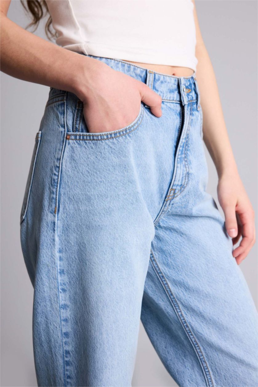 Kadın Açık Mavi Straıght Wıde Yüksek Bel Geniş Paça Uzun Jean Kar Yıkamalı Pantolon