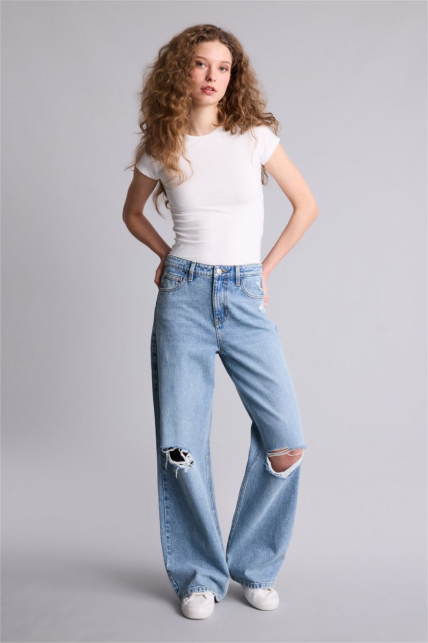 Kadın Mavi Yüksek Bel Geniş Paça Uzun Jean Pantolon