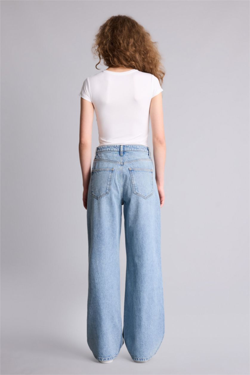 Kadın Mavi Yüksek Bel Geniş Paça Uzun Jean Pantolon