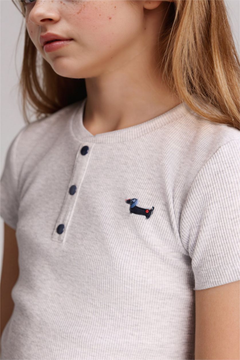 Kız Çocuk - Genç Kız Optik Gri Melanj Desenli Fitilli Kaşkorse Tişört Kız Çocuk