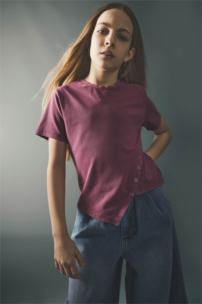 بناتي زهري غامق تيشيرت بناتي نص كم بياقة مستديرة