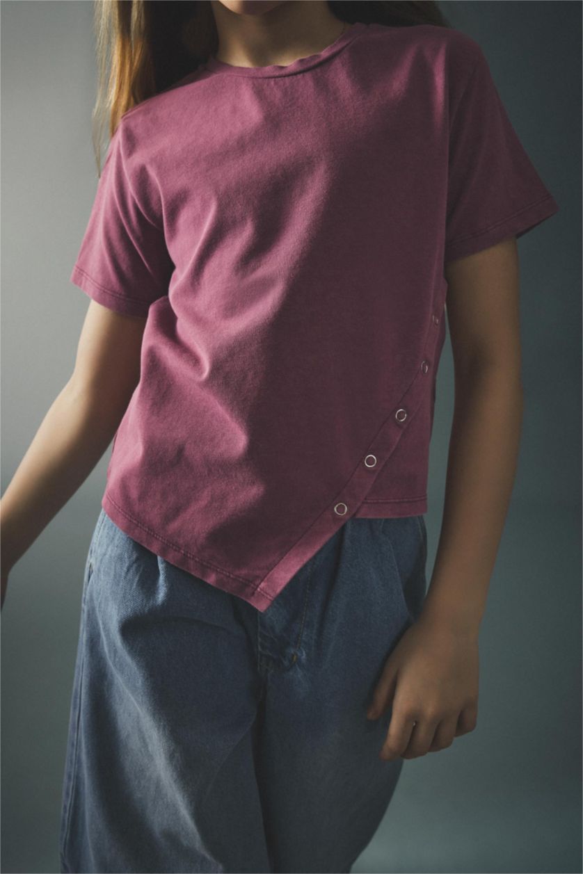 بناتي زهري غامق تيشيرت بناتي نص كم بياقة مستديرة