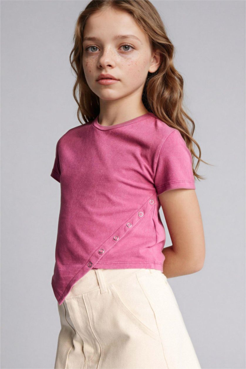 بناتي زهري غامق تيشيرت بناتي نص كم بياقة مستديرة