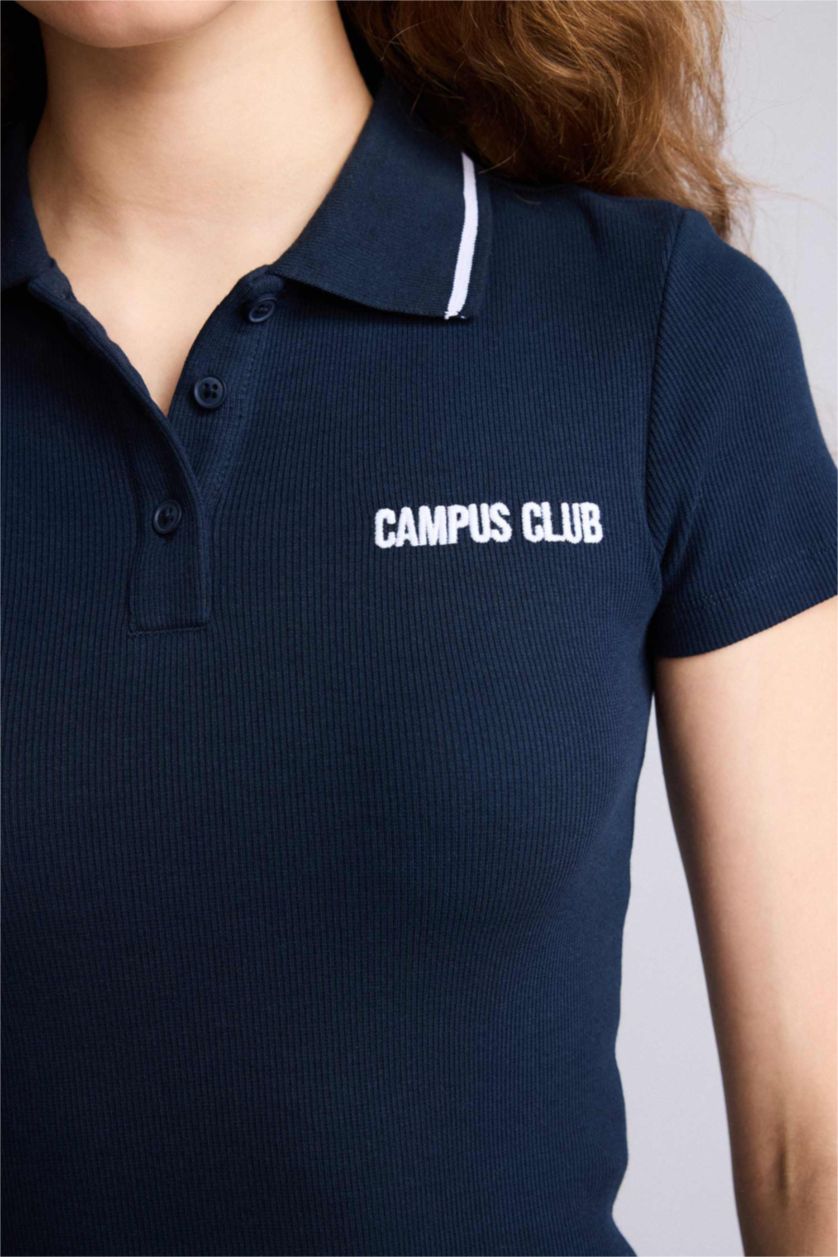 Kadın Lacivert Fıtted Polo Yaka Ribana Tişört