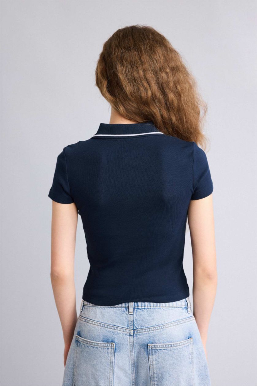Kadın Lacivert Fıtted Polo Yaka Ribana Tişört