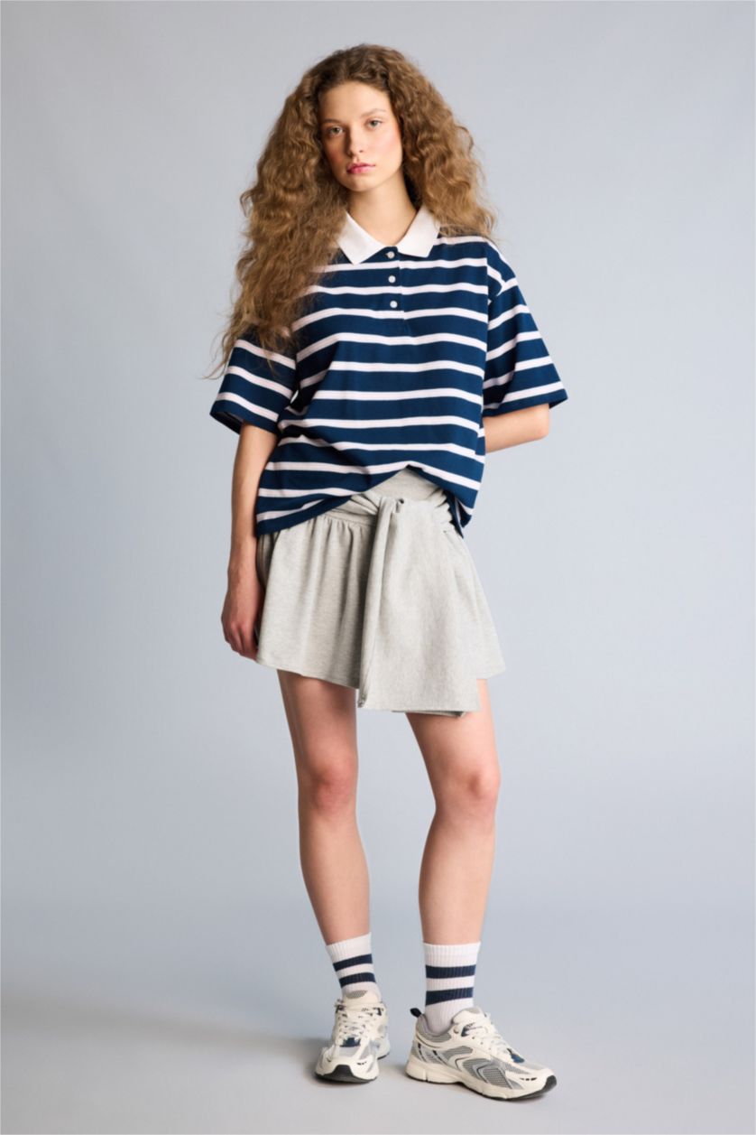 Kadın Lacivert Boxy Fıt Polo Yaka Kısa Kollu Tişört