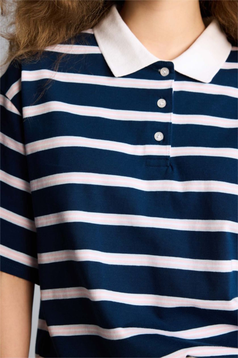 Kadın Lacivert Boxy Fıt Polo Yaka Kısa Kollu Tişört