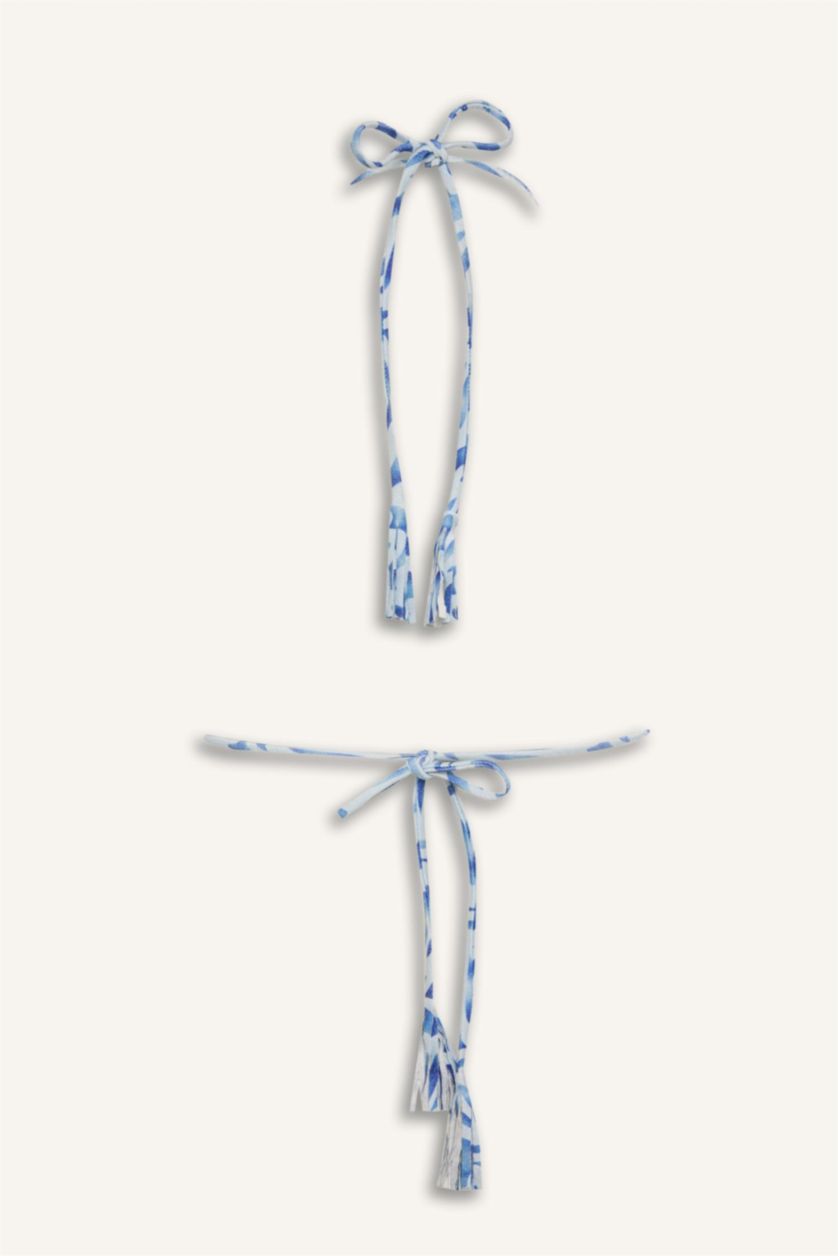 Kadın Saks Regular Fit Desenli Bikini Üstü