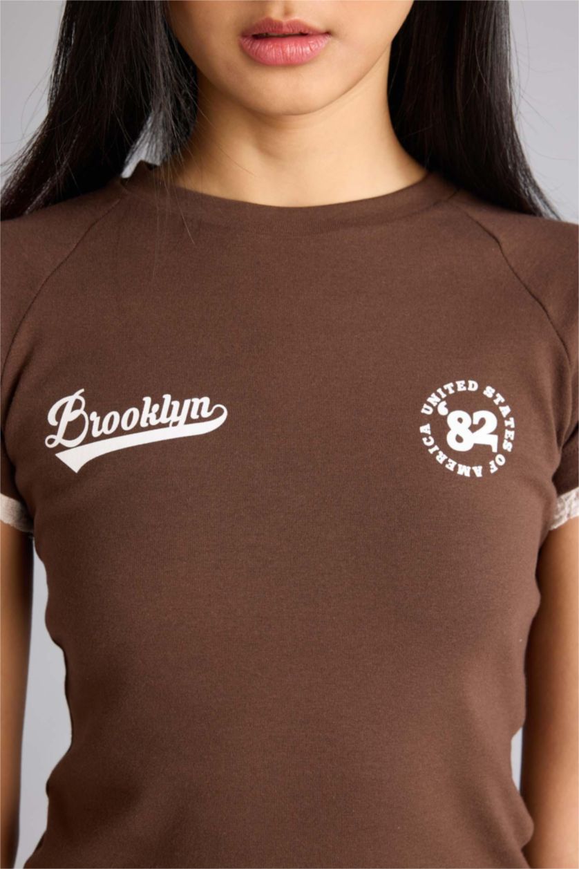 Kadın Kahve Fıtted Baskılı Ribana Tişört