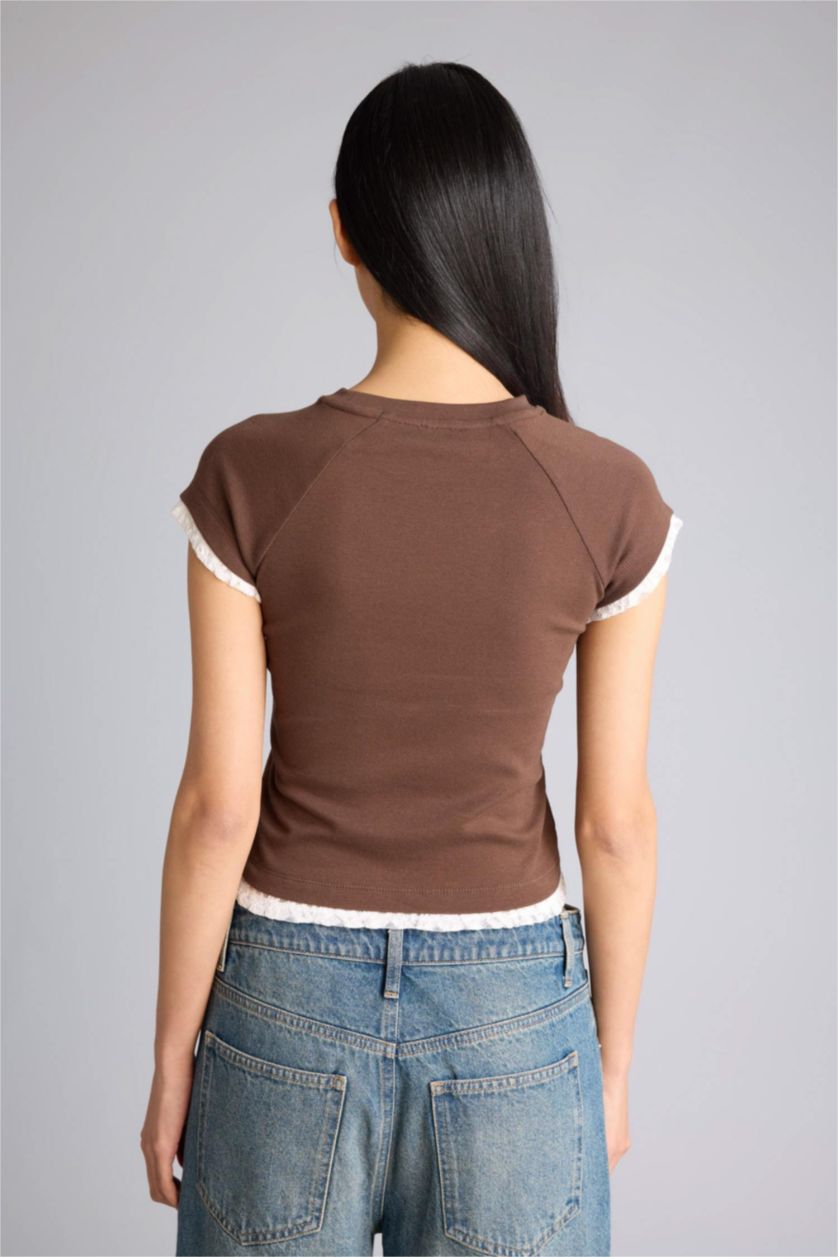 Kadın Kahve Fıtted Baskılı Ribana Tişört