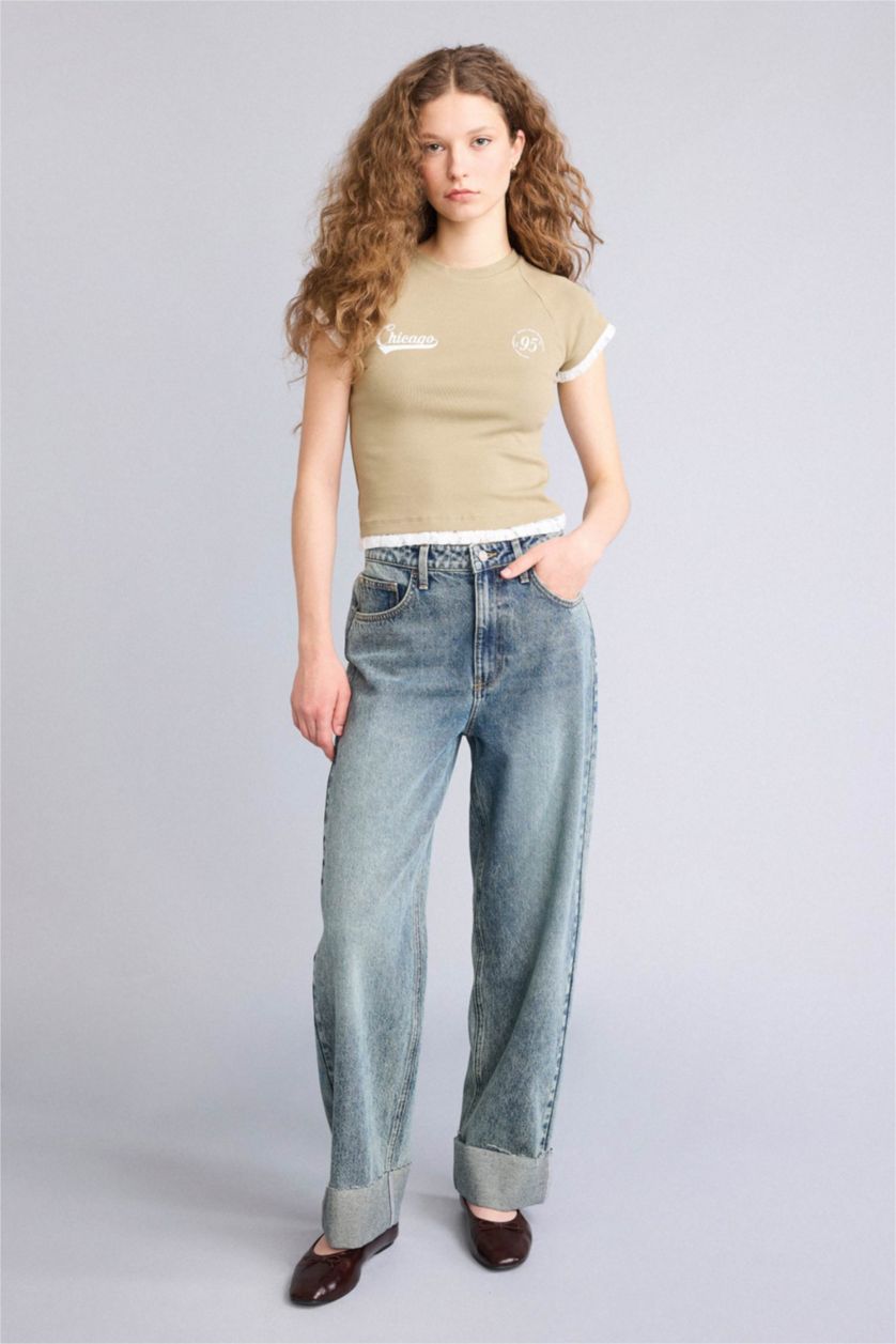 Kadın Haki Fıtted Baskılı Ribana Tişört