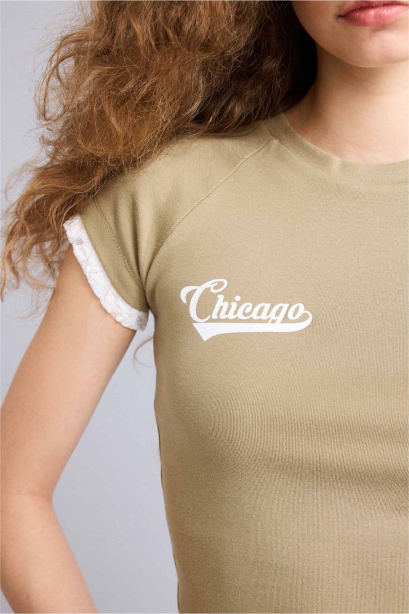 Kadın Haki Fıtted Baskılı Ribana Tişört