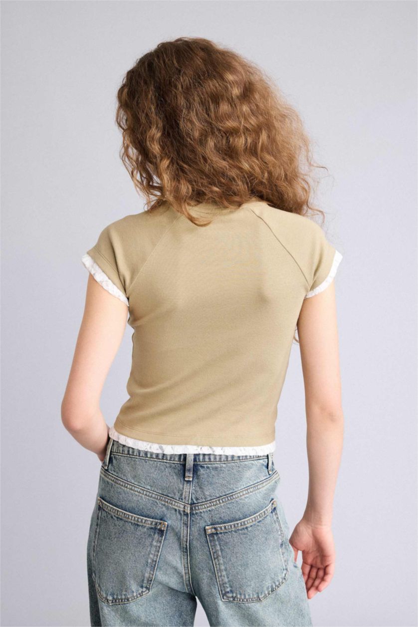 Kadın Haki Fıtted Baskılı Ribana Tişört