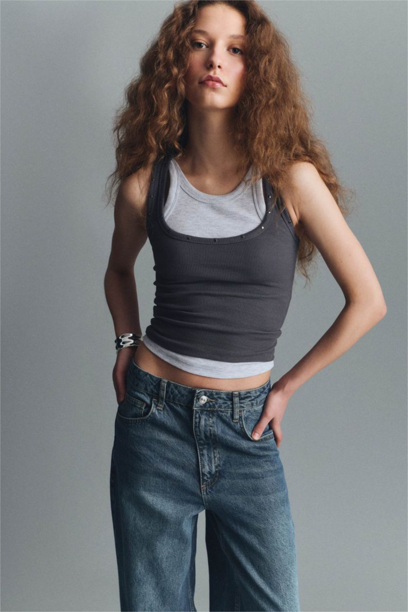 Женщины Антрацит Майка приталенного кроя c глубоким круглым вырезом из камзола для женщин