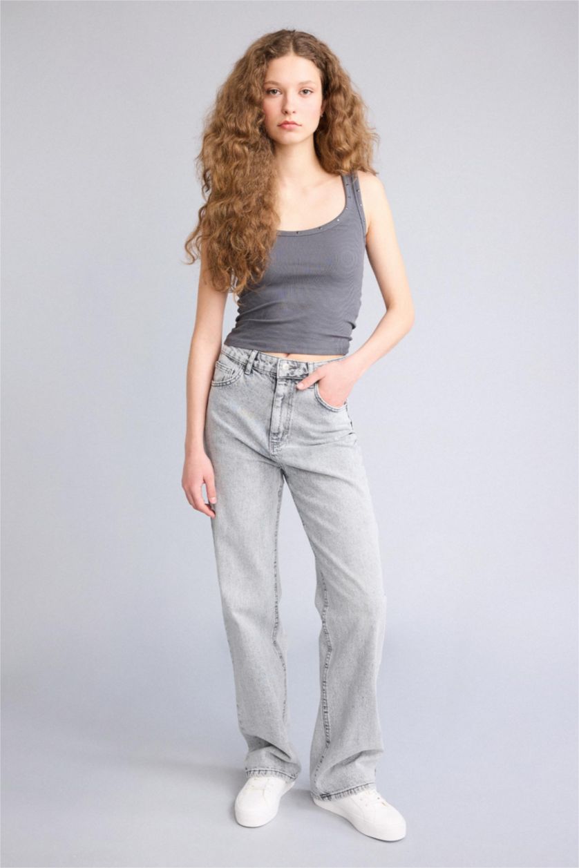 Woman Anthracite Slim Fit Camisole U Collar Tank Top