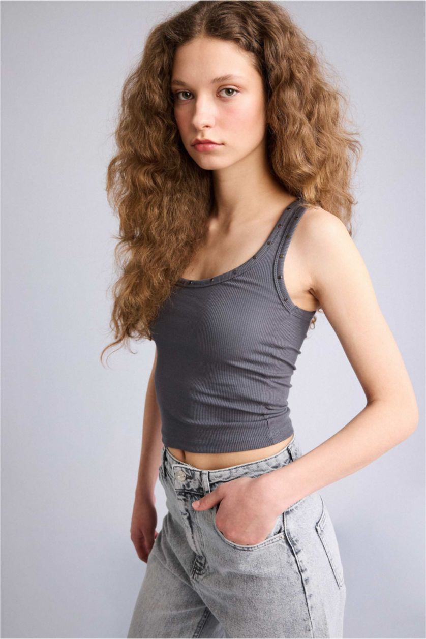 Woman Anthracite Slim Fit Camisole U Collar Tank Top